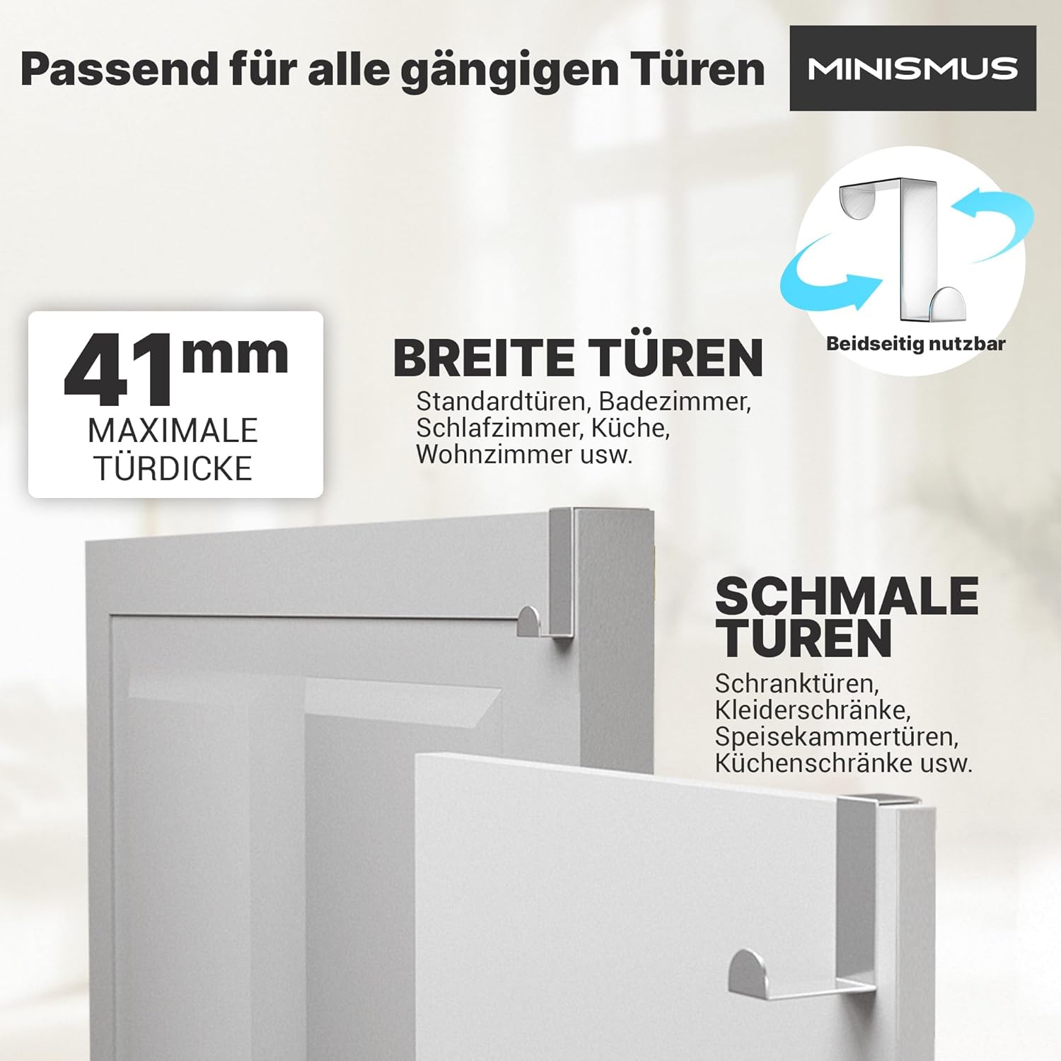 Detalle 2 de Minismus Türhaken zum Einhängen – Edelstahl Türgarderobe, 4er Set in Silber