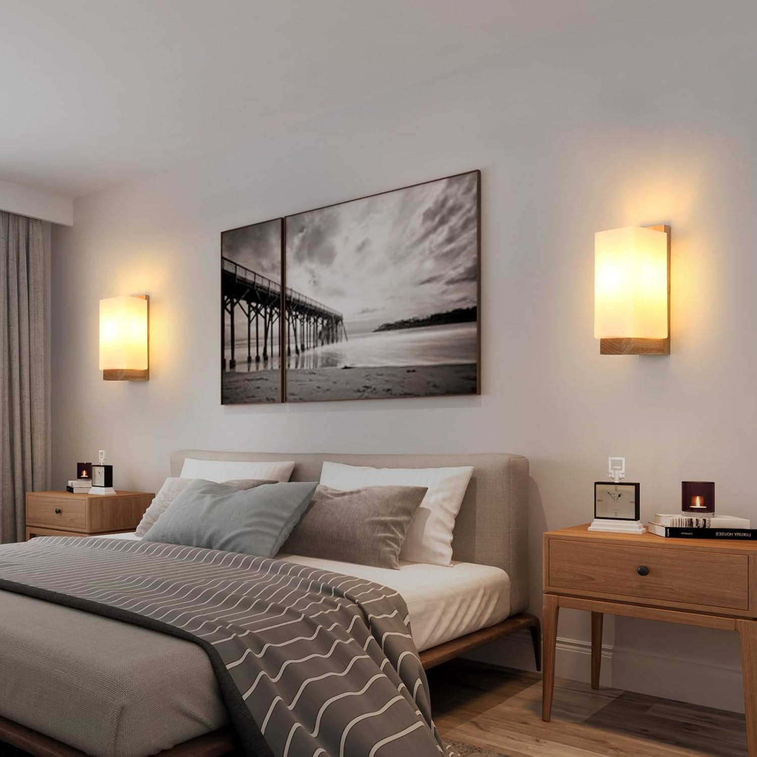 Thumbnail 1 de Comely Applique da parete in legno vintage con paralume in vetro e attacco E27