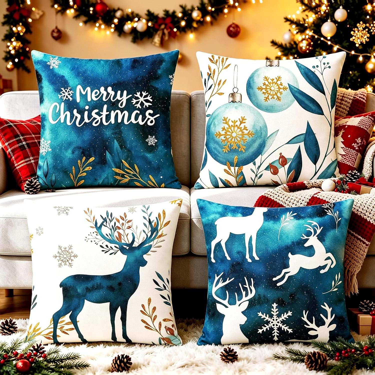 Thumbnail 2 de HUASHUZI Christmas-B kerstkussenhoezen, 4 stuks in blauwgroen linnen, 40 x 40 cm