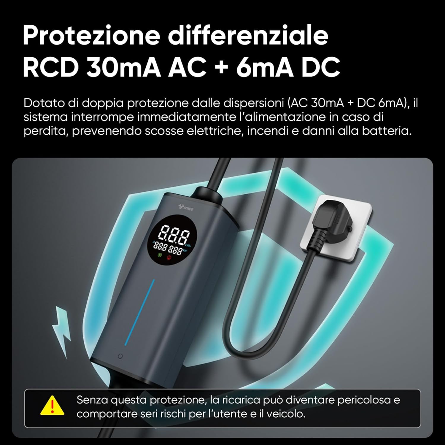 Detalle 2 de GONEO Cavo Ricarica Auto Elettrica Tipo 2 Schuko 16A 3,68kW monofase, 5 m con sensore di temperatura e protezione CA/CC