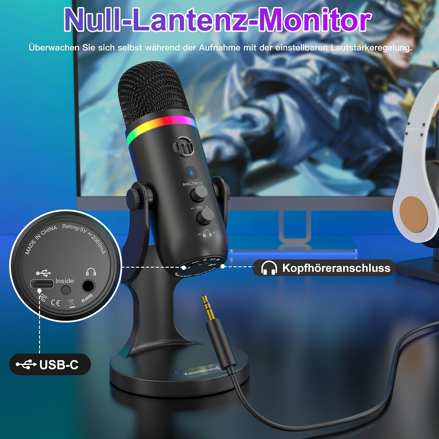 Detalle de Zealsound K66 Pro USB Kondensator-Mikrofon – Plug & Play für PC, Laptop, Gaming & Streaming