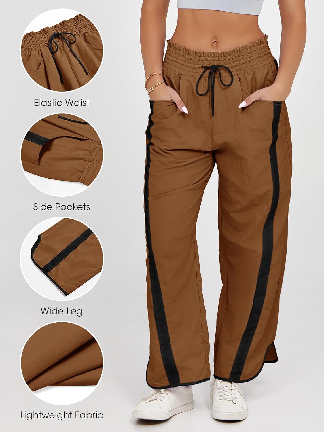 Detalle de Fisoew Women's Baggy Wide Leg Pants - Casual Drawstring, 7/8 Length, Polyamide Track Pants