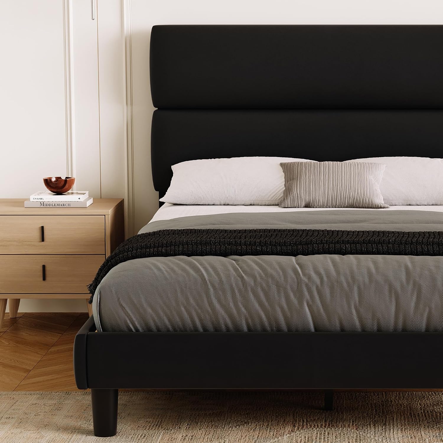 Thumbnail 5 de GRUSIGN HFCJ-K-BLK King Platform Bed Frame with Velvet Headboard