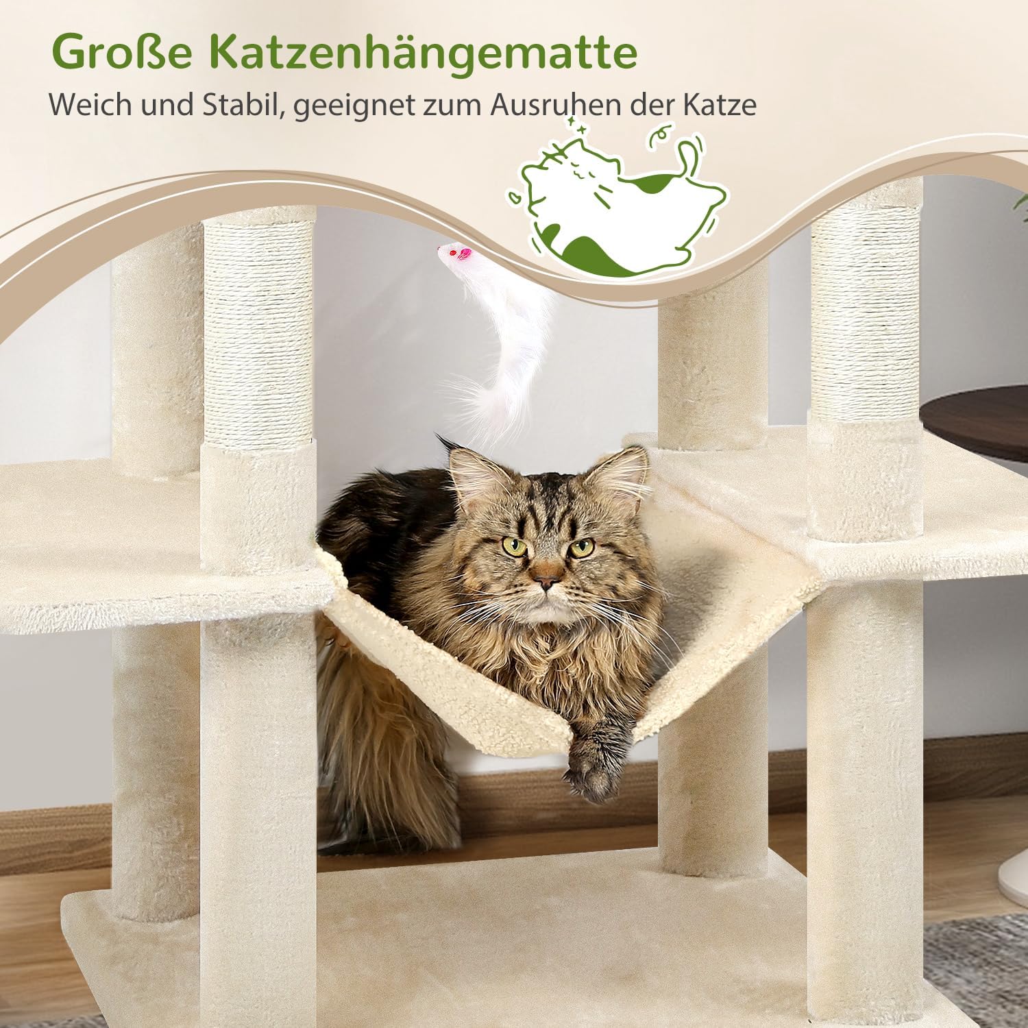 Detalle de Globlazer Kratzbaum Beige XXL 195 cm hoch mit 2 Katzenhäusern, 2 Sitzstangen und großer Hängematte