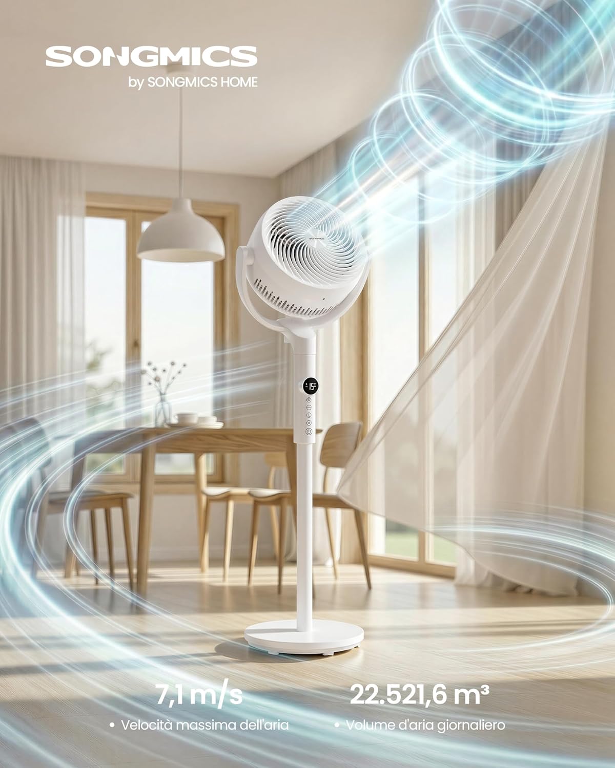 Detalle 2 de SONGMICS Ventilatore a Piantana XFC002W1EU: silenzioso, versatile e regolabile per ogni stanza