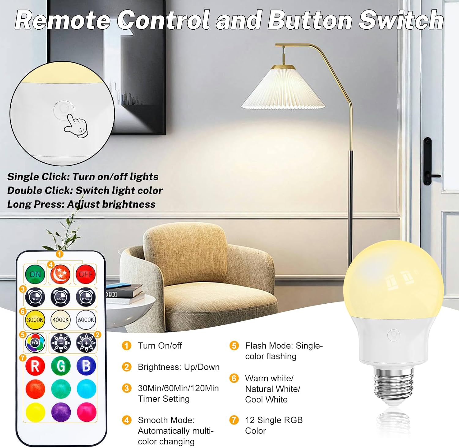 Thumbnail 3 de LED Rechargeable Light Bulb with Remote (Magnetic E27) – 2 Pack, 3 CCT + 9 RGB, 3 Timers