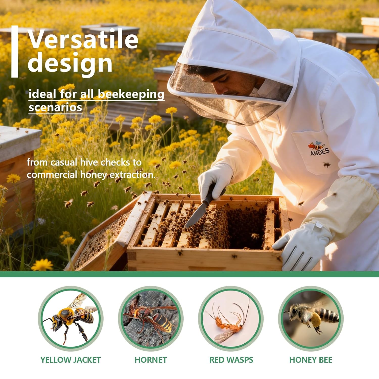 Detalle de ANDES Beekeeping Suit, XX-Large for 6'3"–6'5", Gloves and Fencing Veil