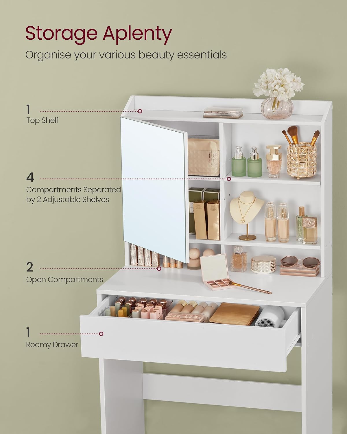 Detalle 2 de VASAGLE RDT118W01 Dressing Table with Mirror, Adjustable Shelves and Drawer