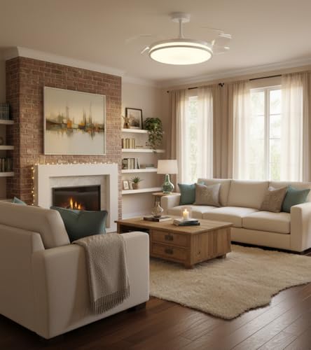 Detalle de BEL AIR HOME DUNE: Ventilador de techo en blanco con aspas desplegables, luz LED 36W y mando a distancia