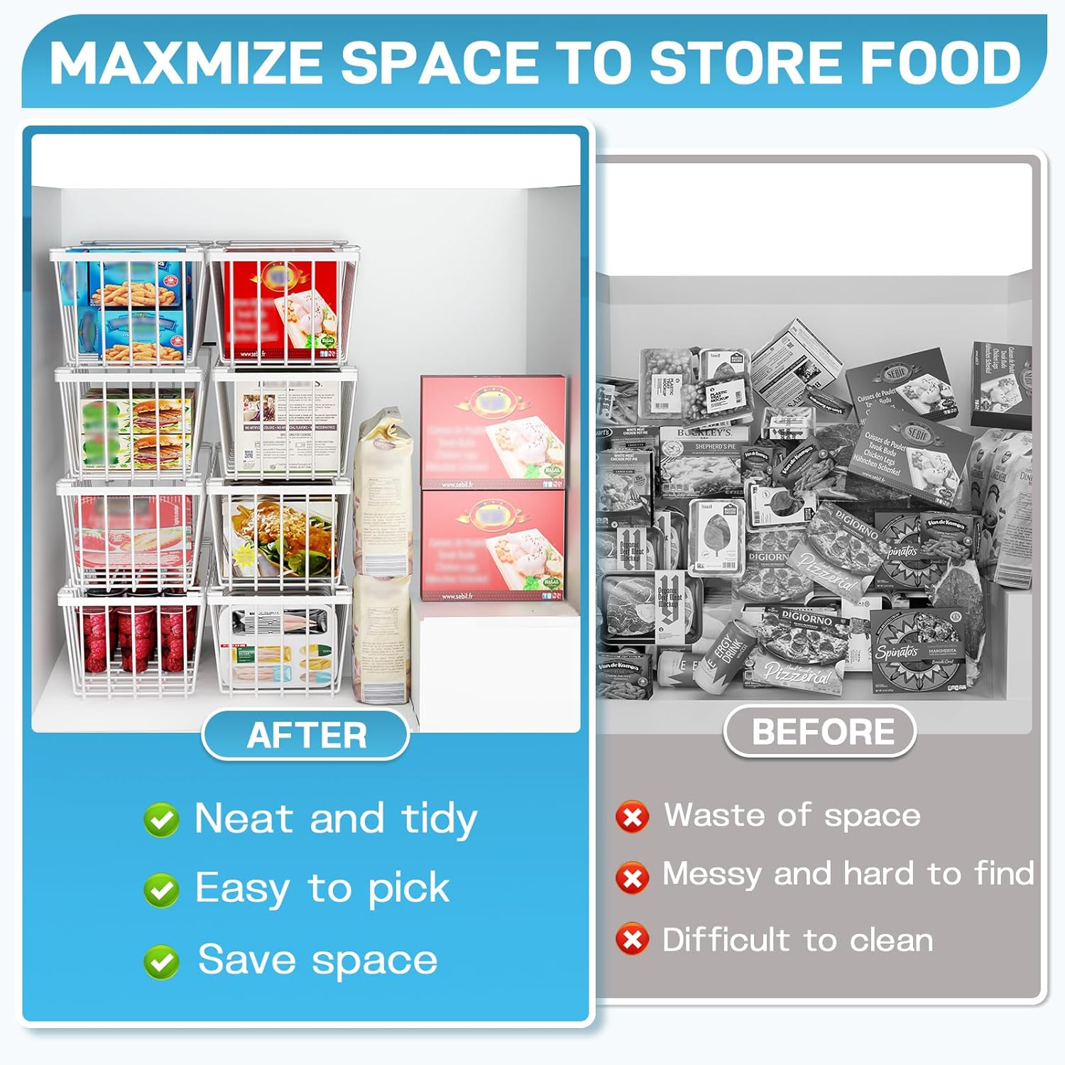 Detalle de SUNALLY Freezer Organizer Bins (4-Pack) — Stackable chest freezer storage baskets with handles, white