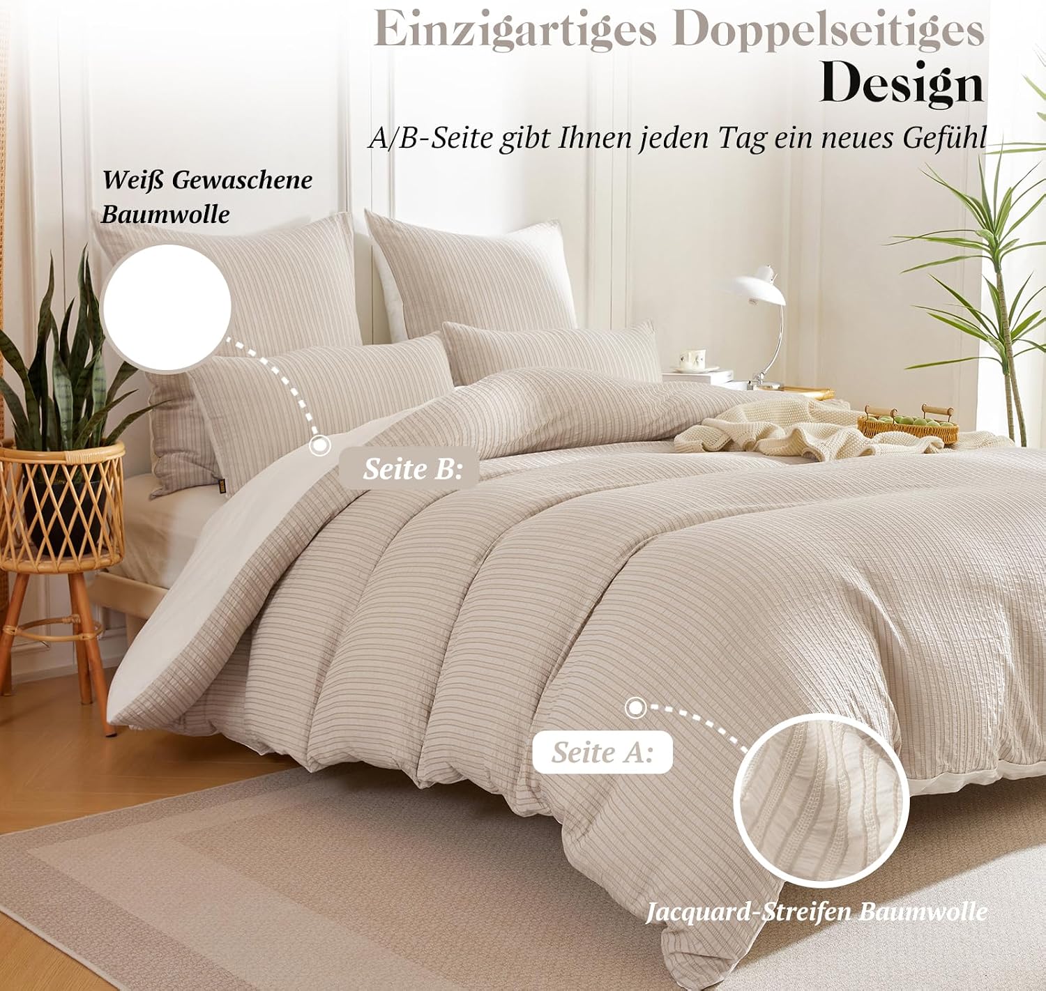 Detalle de SOULFUL Bettwäsche-Set 135x200 aus Baumwolle (gestreift, Jacquard) – beige mit OEKO-TEX 100
