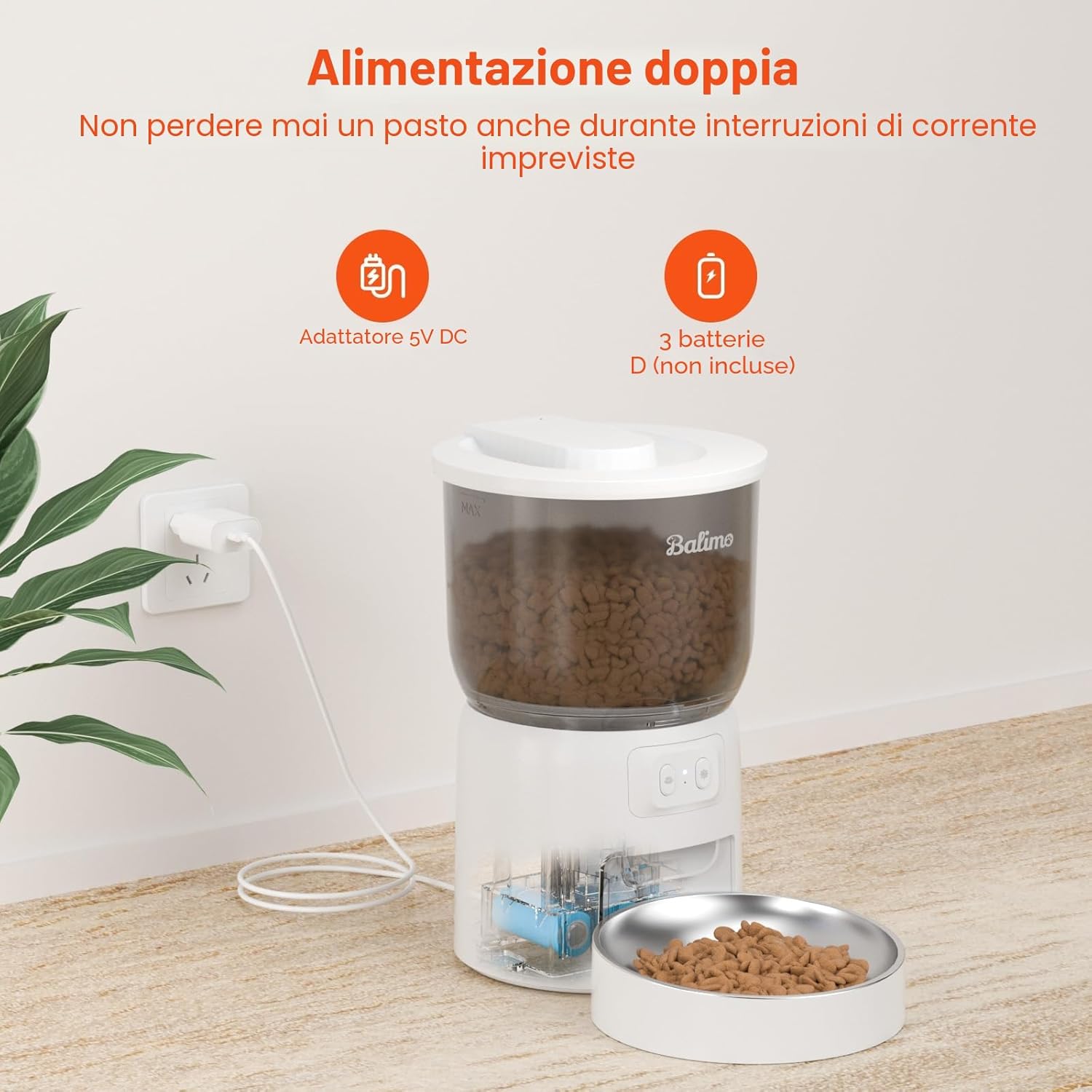 Detalle de Balimo Distributore Automatico Cibo Gatti: controllo WiFi, fino a 10 pasti al giorno, brocca in acciaio e design anti-ingresso