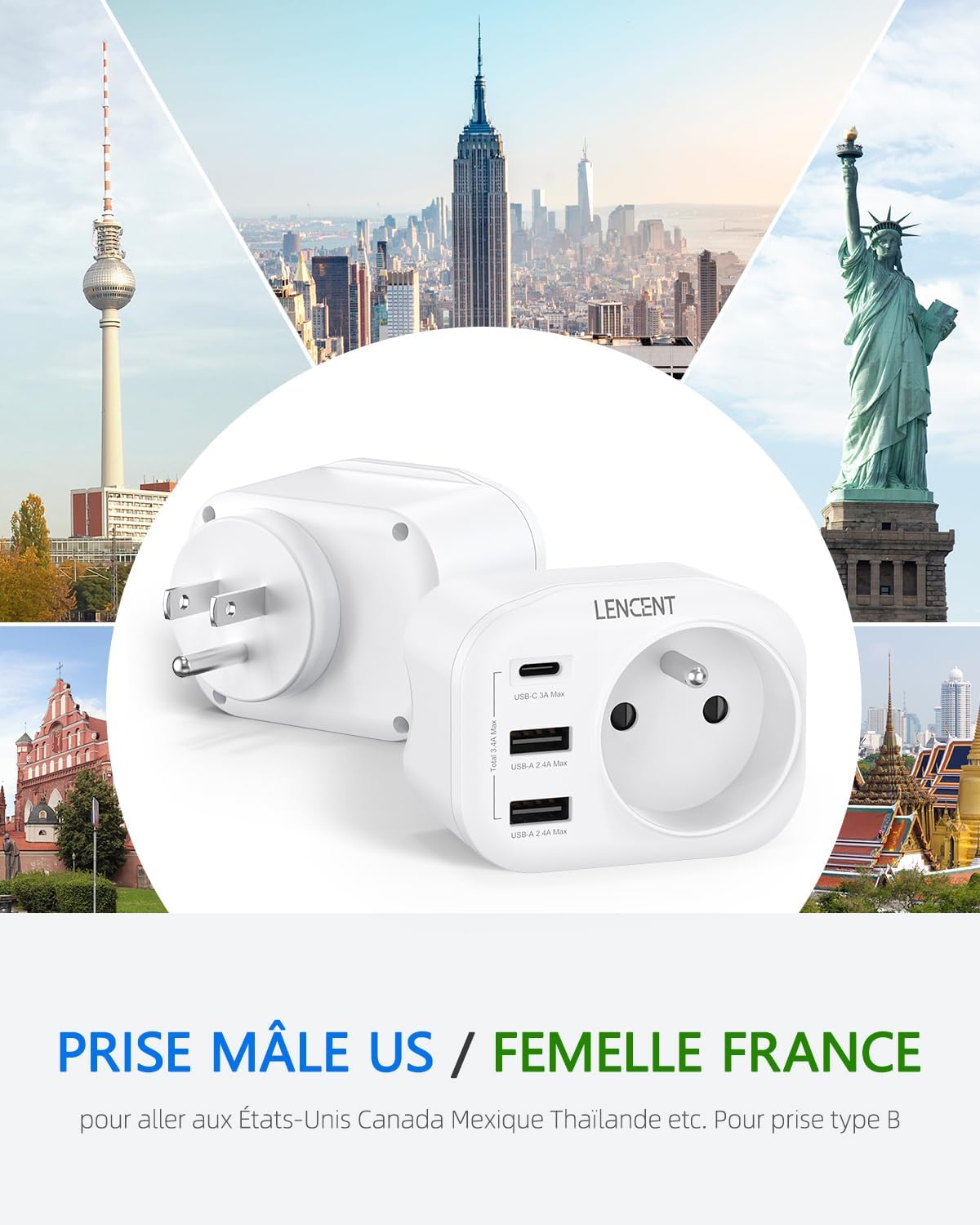 Detalle 2 de LENCENT Adaptateur Prise USA Type B 4 en 1