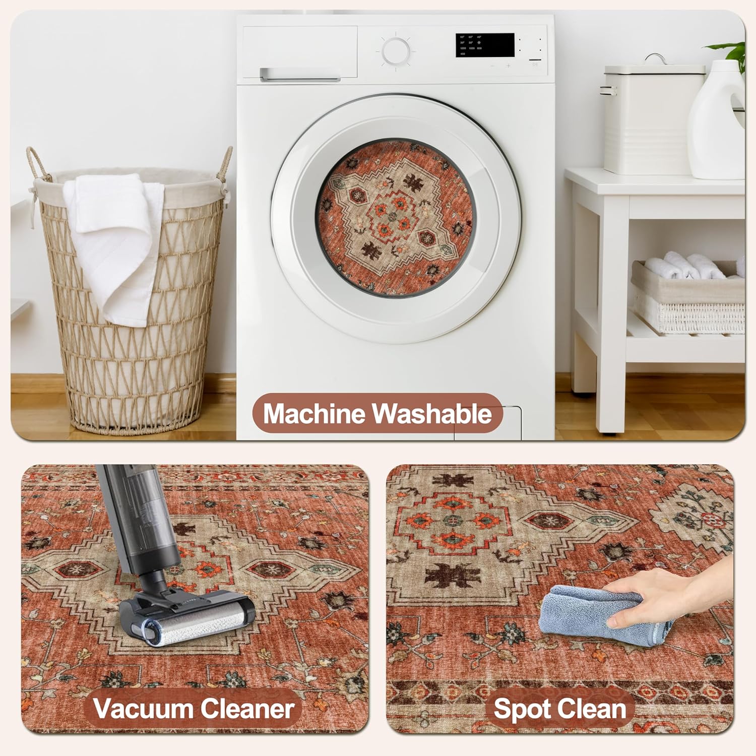 Thumbnail 2 de Tangsoo Boho Rug 5x7 Washable Area Rugs with TPE Non-Slip Backing (Terracotta, Low Pile)