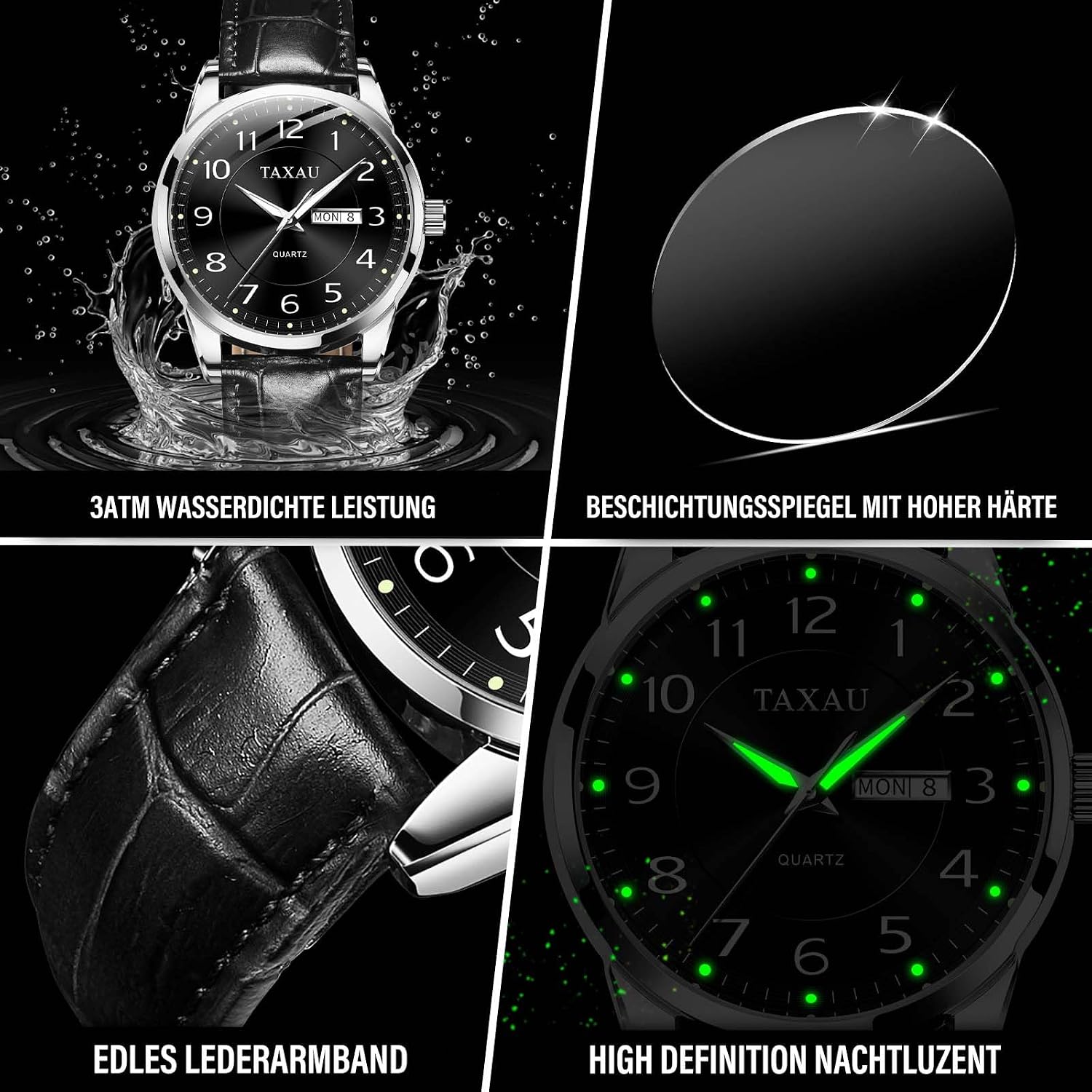 Thumbnail 3 de Taxau klassische Lederuhr für Herren mit Analog-Quarzwerk, Big Dial, 41 mm, wasserdicht bis 30 m