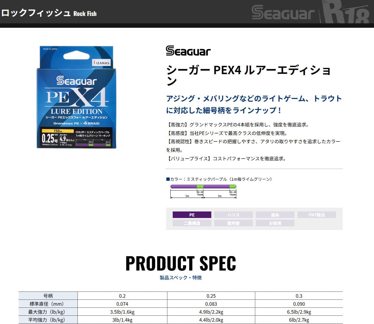 Detalle 2 de クレハ シーガー PEX4 ルアーエディション 150m 0.2号・4本組PEライン