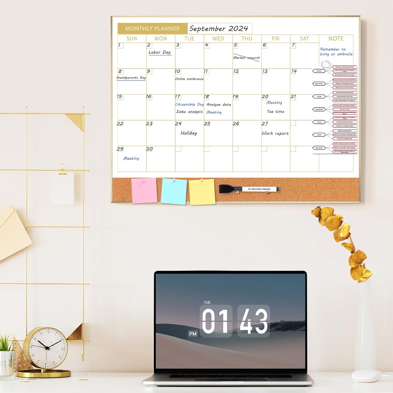 Detalle de ARCOBIS COM2418-MONTH-Gold-H Monthly Calendar Whiteboard, Magnetic 24" x 18" with Cork