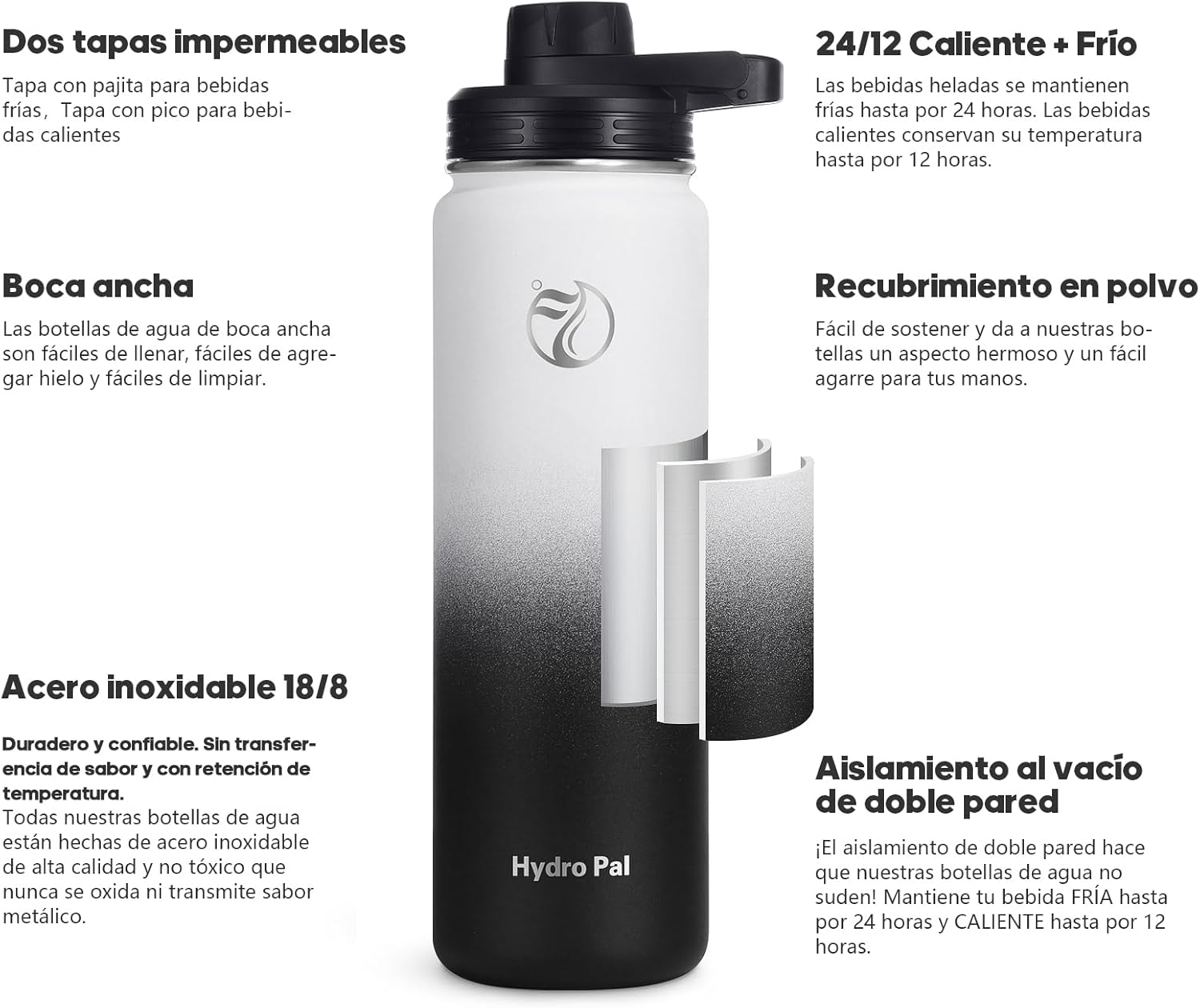 Detalle 2 de HydroPal Edelstahl Trinkflasche – 750 ml/1 l/1,2 l/1,9 l: Vielseitige, auslaufsichere Isolierflasche mit zwei Deckeln