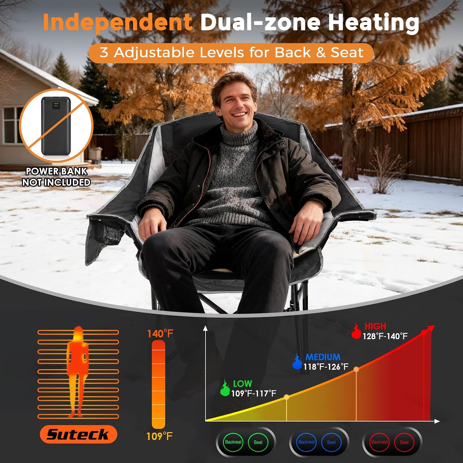 Detalle 2 de Suteck BZ-2251-214 Heated Camping Chair, Oversized, 3 Heat Levels