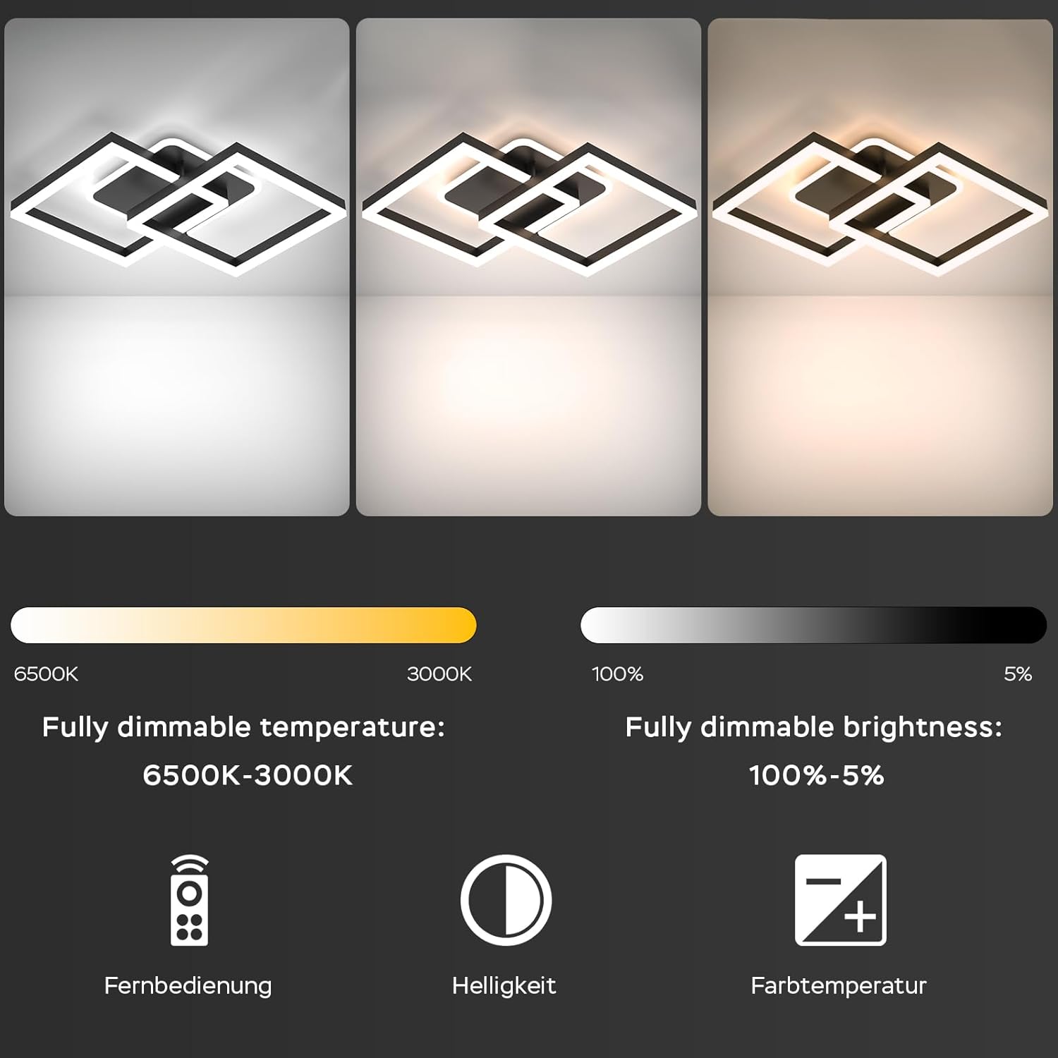 Thumbnail 1 de ANTENLICHT LED Deckenlampe fürs Wohnzimmer mit Fernbedienung, geometrisches Design (40 W), stufenlos dimmbar & 3000–6500 K, schwarz