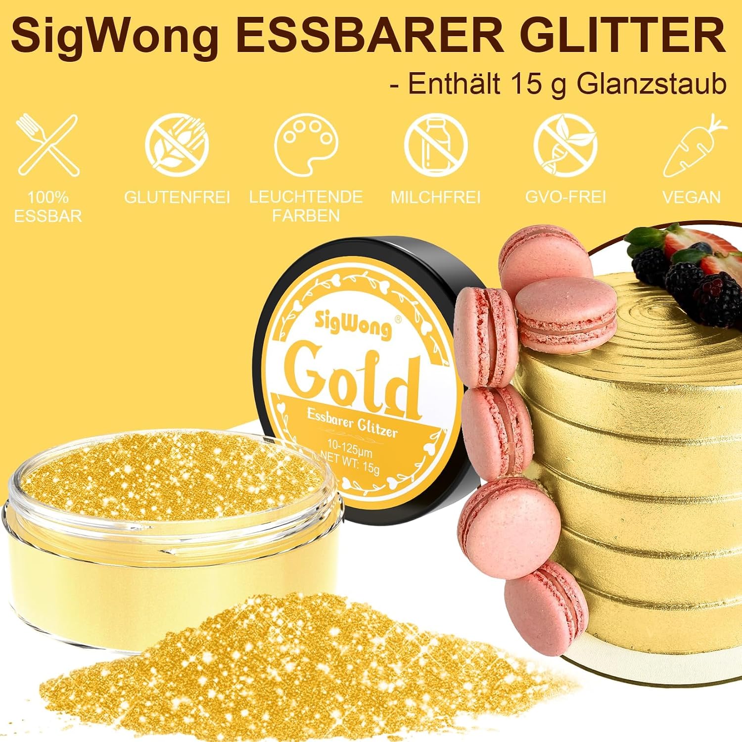Thumbnail 1 de SigWong Essbarer Glitzerpulver Gold, 15 g – Glänzende Dekoration für Getränke, Kuchen und Cupcakes