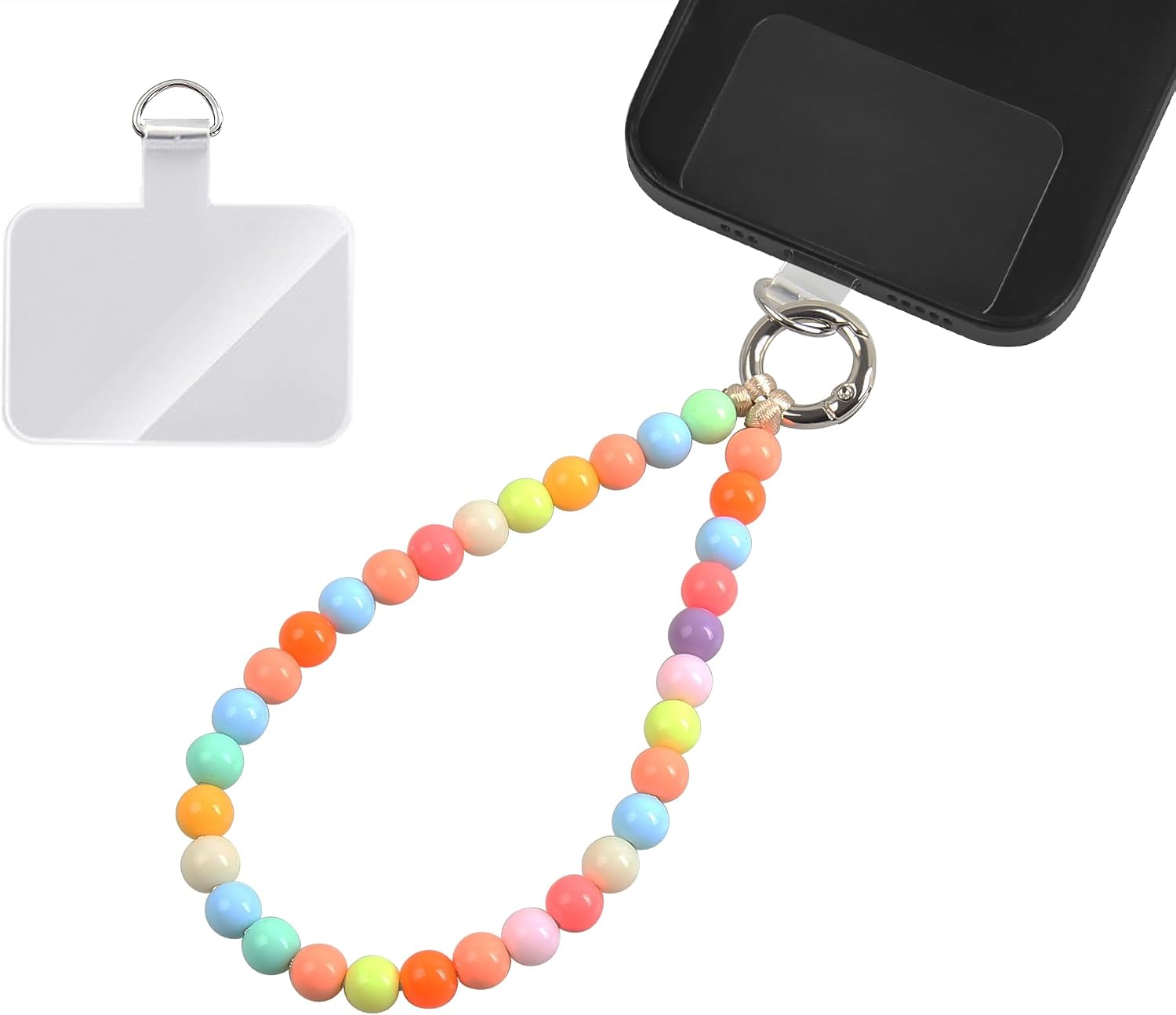 Detalle de Collier portable multicolore à perles court – Dragonne universelle avec patch pour coque de téléphone