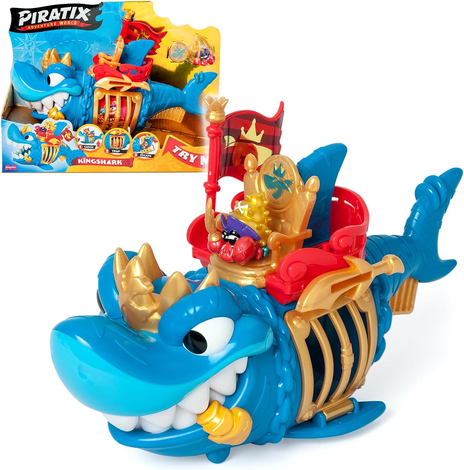Detalle de PIRATIX Adventure World King Shark – Tiburón articulado con jaula y tesoro: una aventura pirata para imaginar sin límites