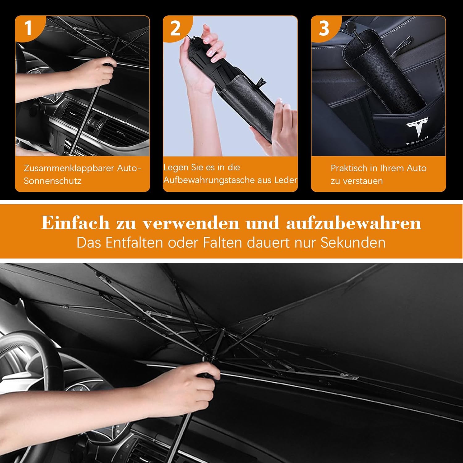 Detalle de Beshine Auto-Sonnenschutz 2026 – Drehbar & faltbar mit Carbonfaser-Skelett, 140 x 79 cm