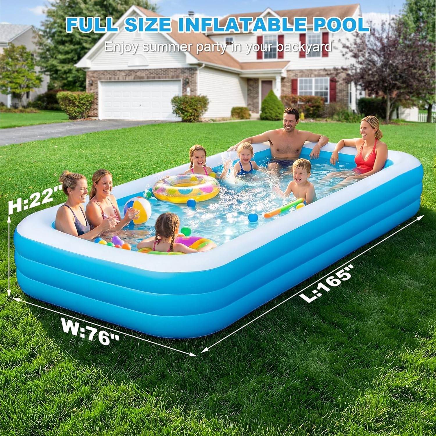 Detalle de Extra Large Inflatable Pool 165'' x 76'' x 22'': Family Backyard Pool with Electric Pump