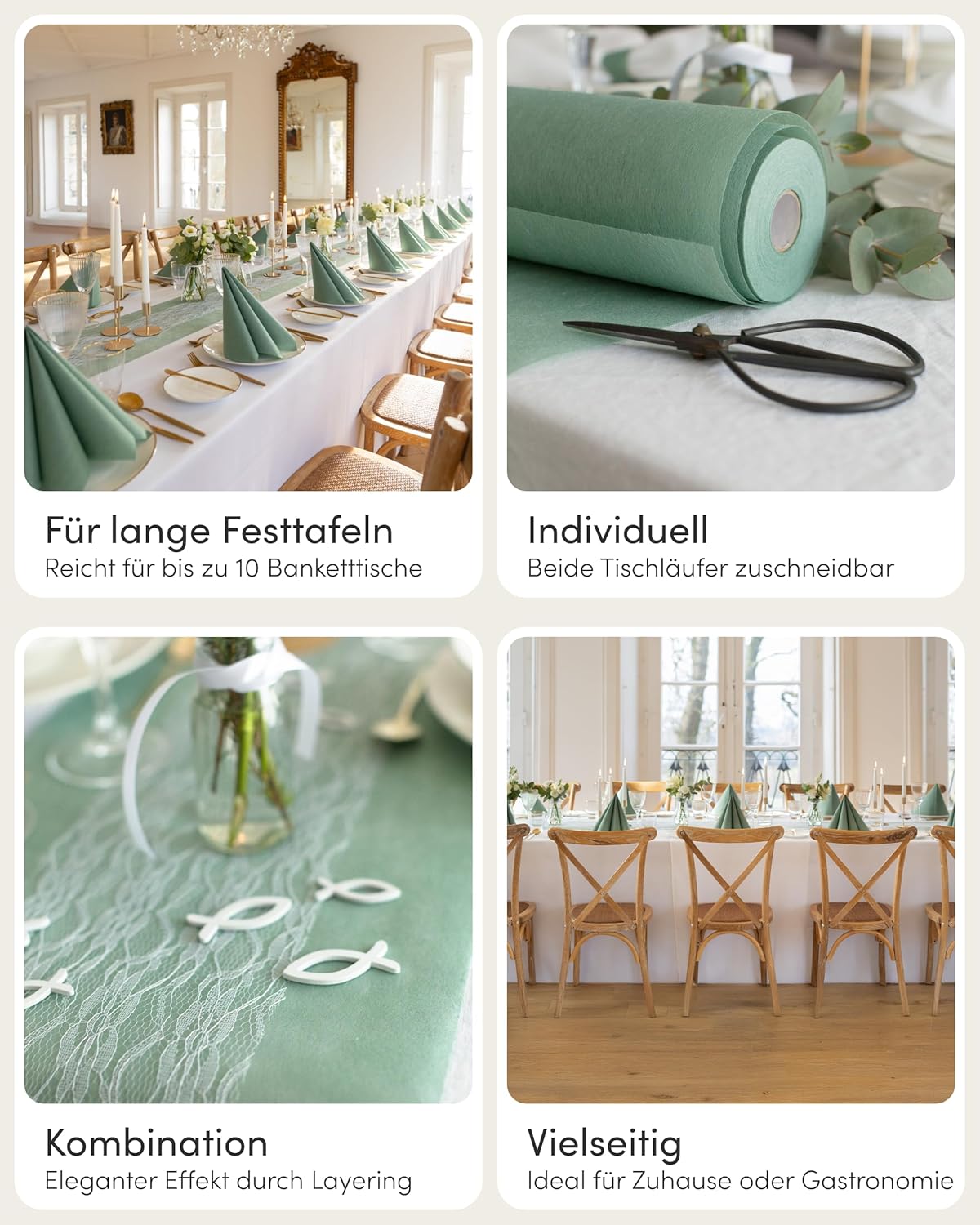 Thumbnail 4 de 100%Mosel Tischläufer-Set Eukalyptusgrün & Weiß mit Vliesbahn (30 cm x 25 m) und Spitzenband (15 cm x 25 m)