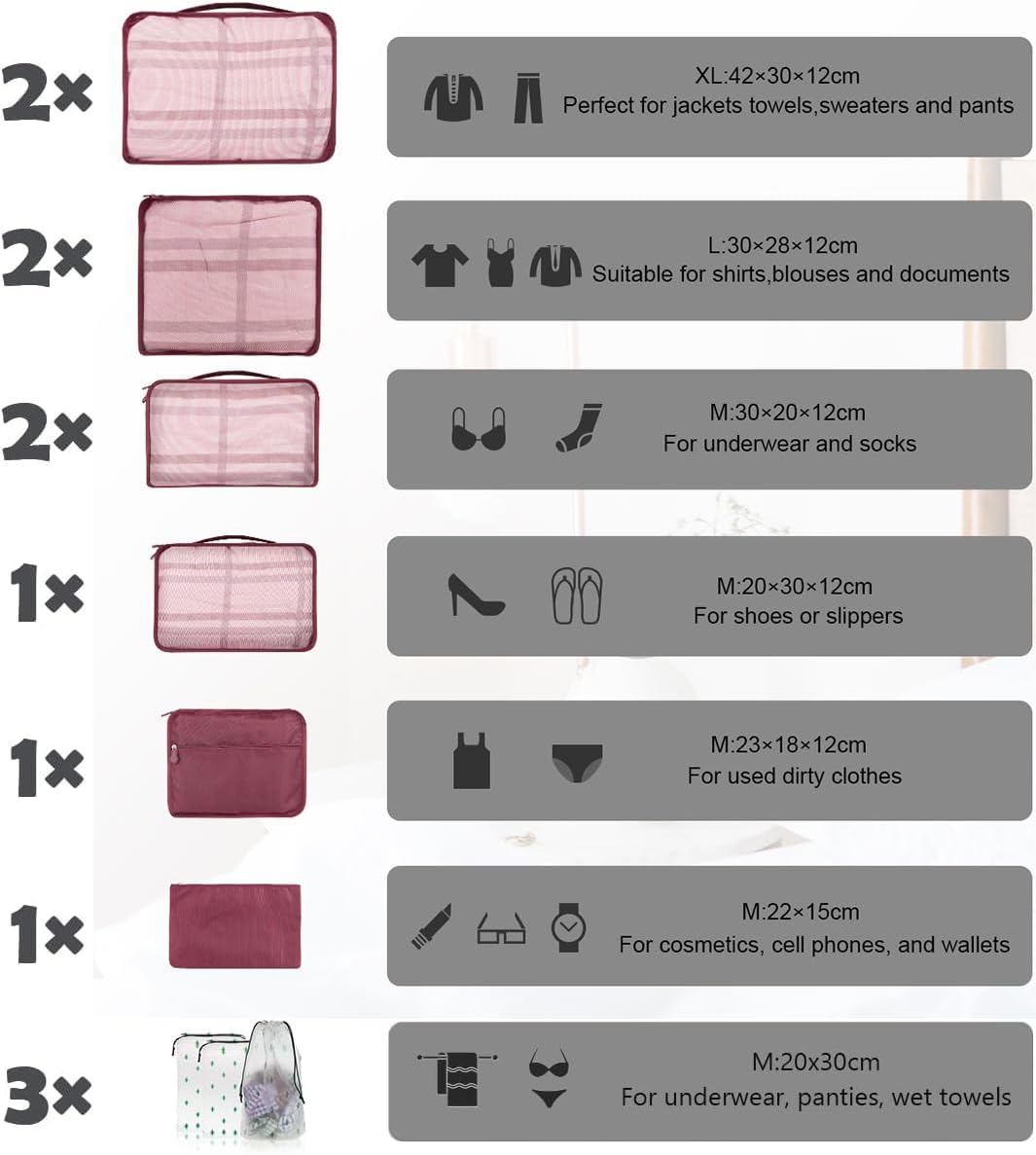 Thumbnail 4 de 12 PCS Large Packing Cubes for Suitcases – Burgundy (12, Burgundy)
