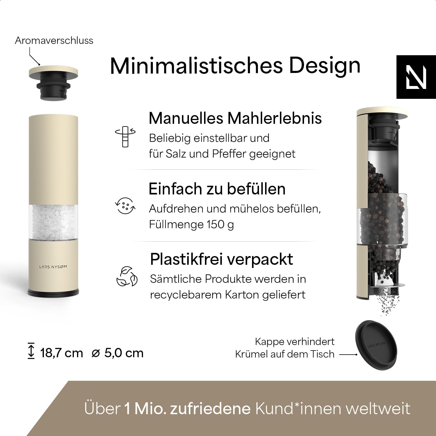 Detalle 2 de LARS NYSØM Salz- und Pfeffermühle Set „Lagom“ (2-teilig) manuell mit einstellbarem Keramikmahlwerk – Edelstahl, Almond Beige