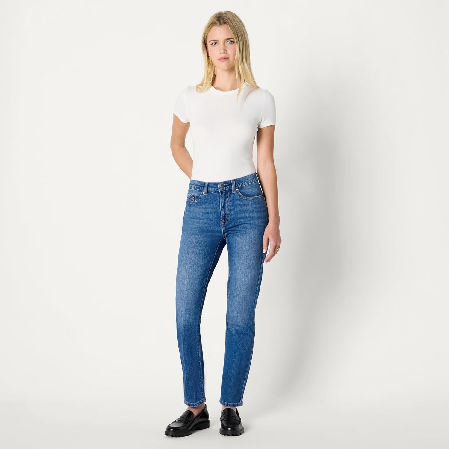 Detalle de Amazon Essentials Jeans vita alta a gamba dritta Donna – Blu Medio, 42
