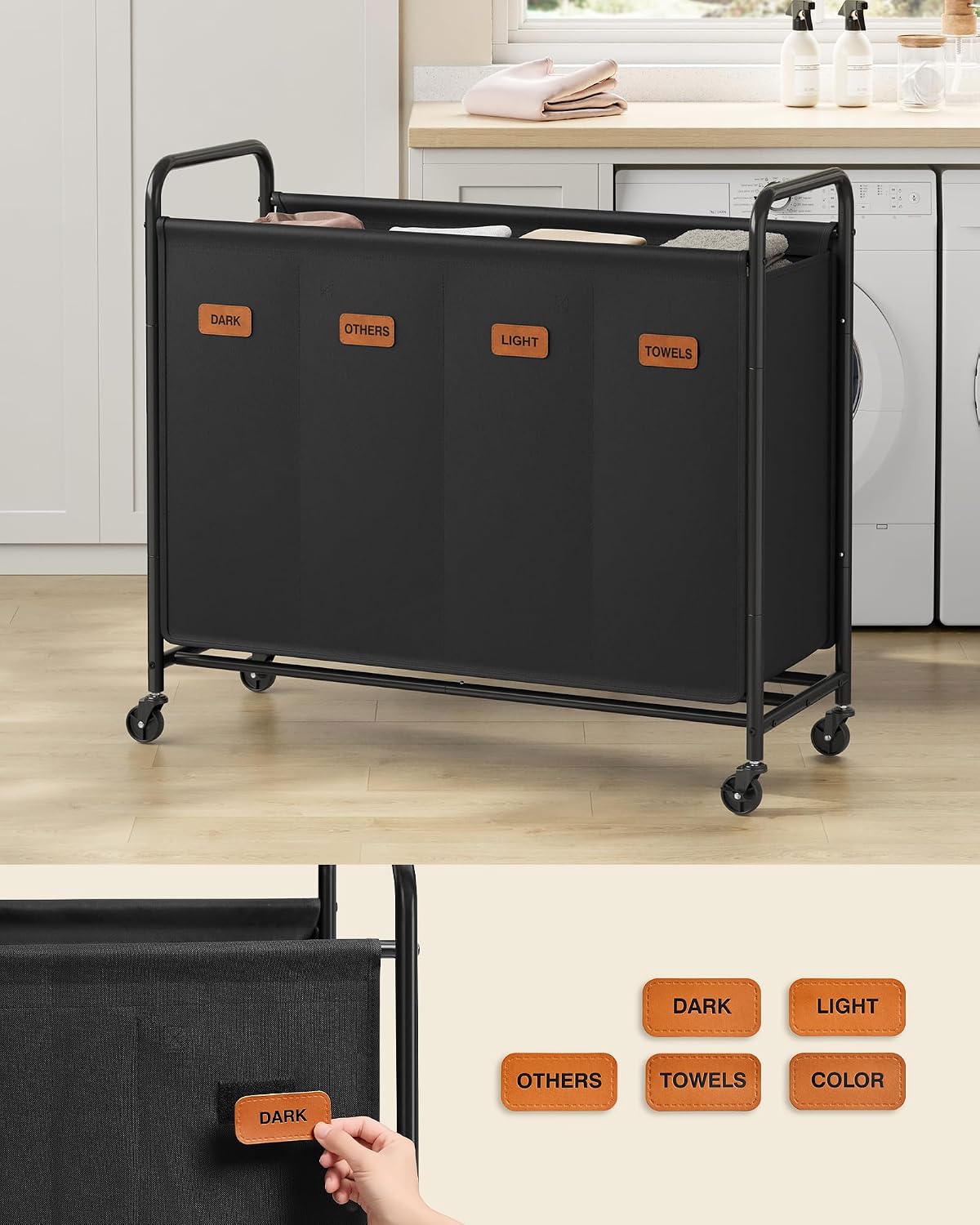 Detalle 2 de SONGMICS RLS460B01 tvättsorterare på hjul, 200 liter med fyra fack