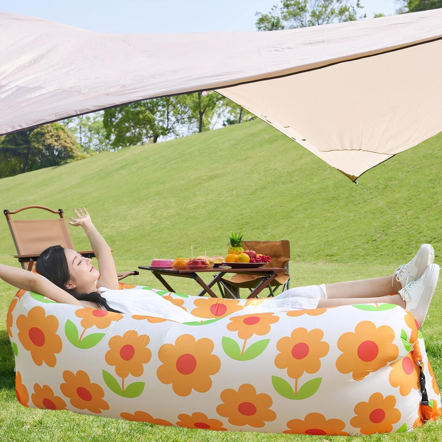 Detalle de WJZWQZ Quick Inflatable Lounger – Portable Air Sofa (Yellow) for Outdoor and Indoor Use