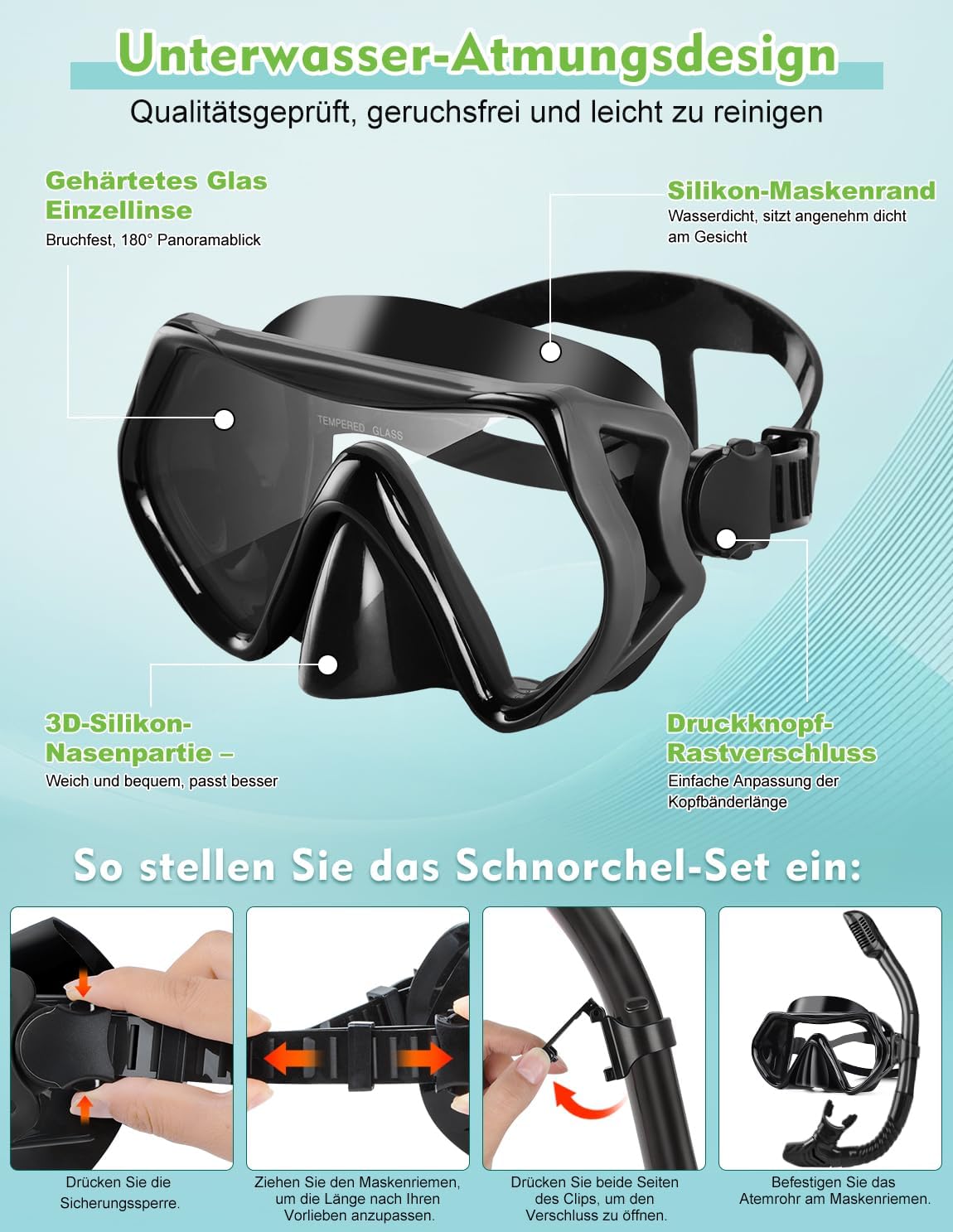 Detalle 1 de Hydomi Schnorchelset Erwachsene mit 180° Sichtfeld