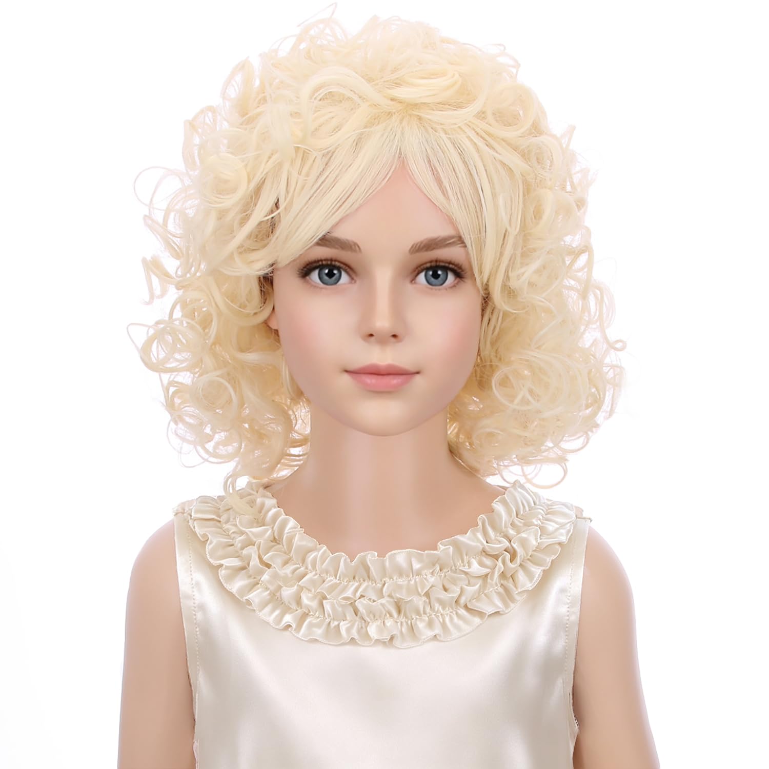 Detalle 2 de PATTNIUM Curly Blonde Wig for Kids with Bangs, Shoulder-Length Synthetic Hair