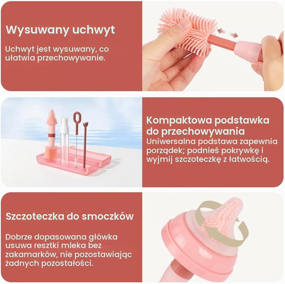 Detalle de Vicloon 5 w 1 – zestaw szczotek do butelek dla niemowląt, silikonowy, różowy