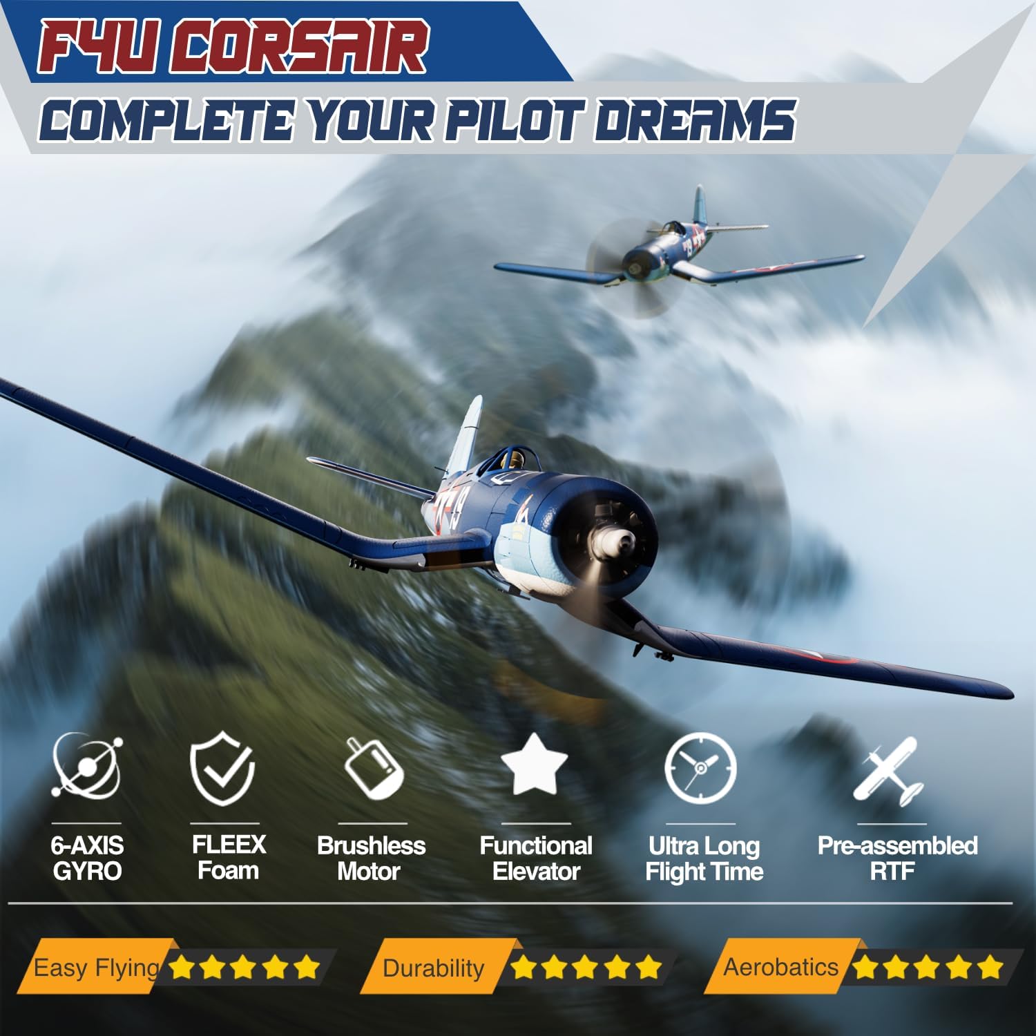 Detalle de LEAMBE Brushless 4-Channel RC Plane (F4U Corsair, 500mm) RTF with 6-Axis Gyro