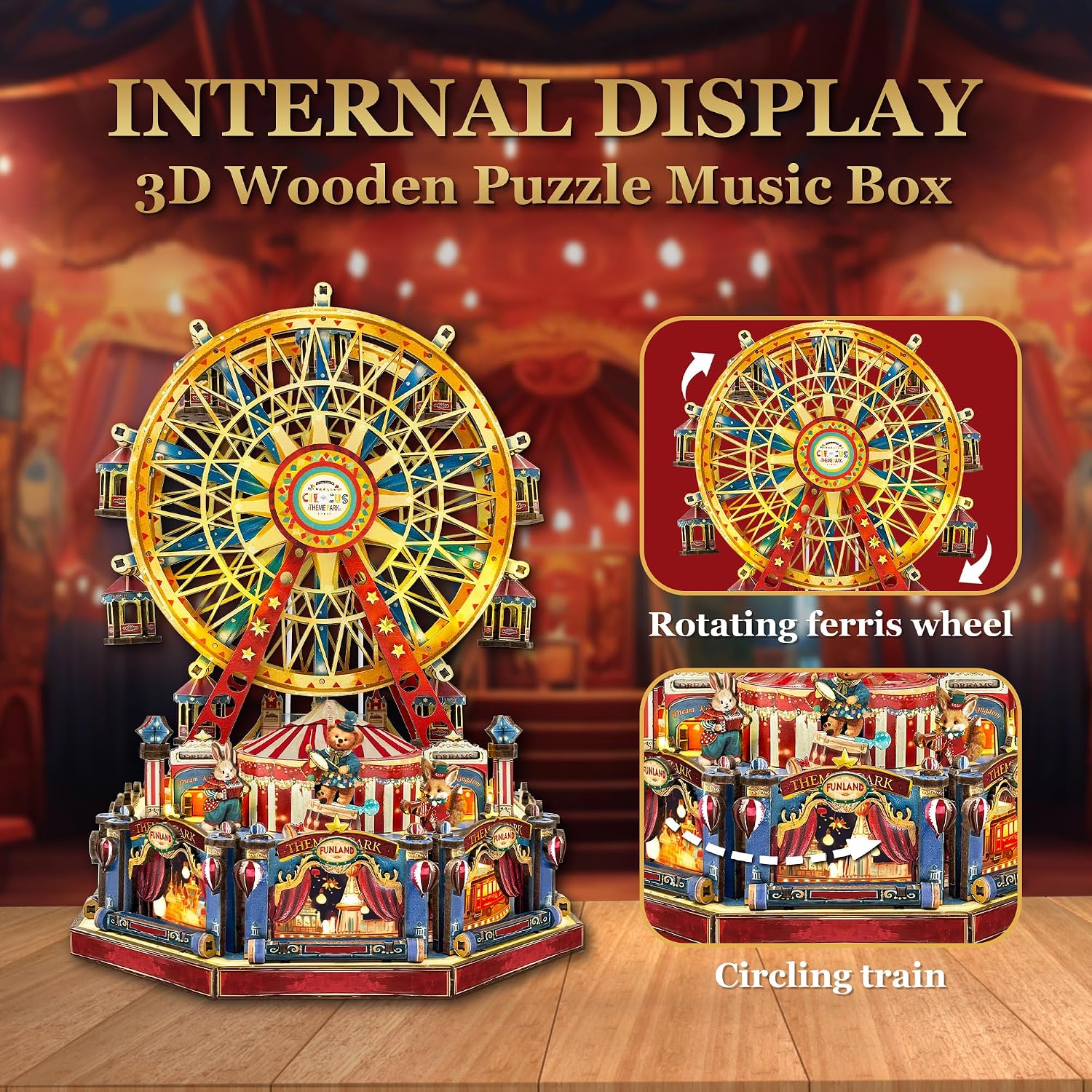 Detalle de STRUCWOOD DIY 3D Holzpuzzle Riesenrad (Hundertjahr-Riesenrad) inkl. Lichtern & Musik – Miniatur-Zirkushaus als Bauset