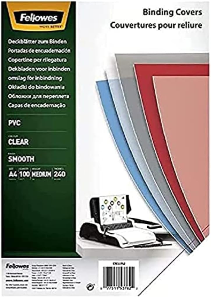 Fellowes 53762 Copertine per Rilegatura in PVC Trasparente A4, 240 Micron, Confezione da 100 Pezzi