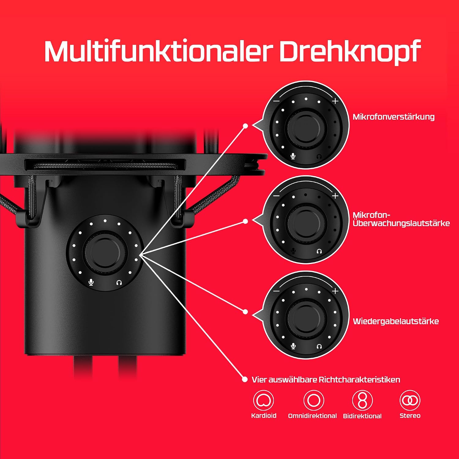 Detalle 2 de HyperX QuadCast 2 – USB-Mikrofon für Gaming, Streaming und Podcasting