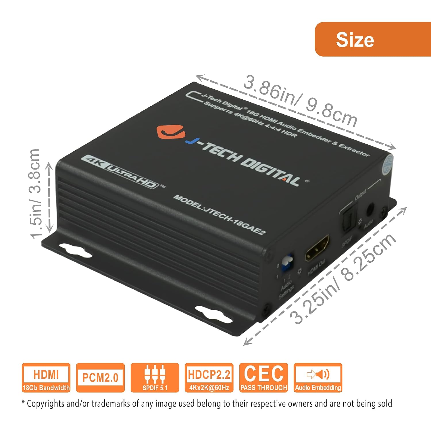 Detalle de J-Tech Digital JTECH-18GAE2 HDMI Audio Extractor/Embedder (4K 60Hz, SPDIF + 3.5mm) with HDR10, HDCP 2.2 support