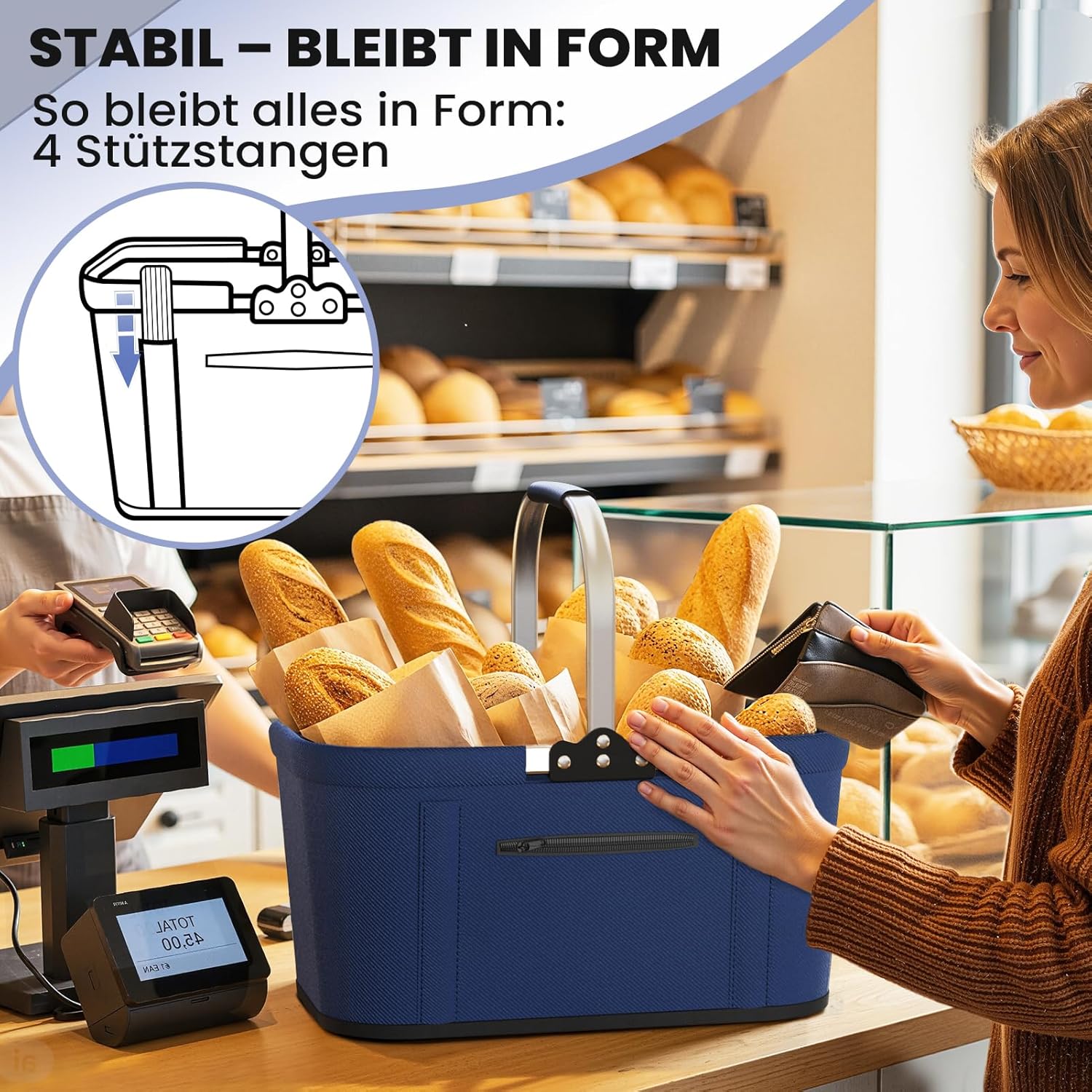 Detalle 2 de Yeabett 22L Faltbarer Einkaufskorb mit Stützstangen – stabil, flexibel, groß (43x27x23 cm) in Blau
