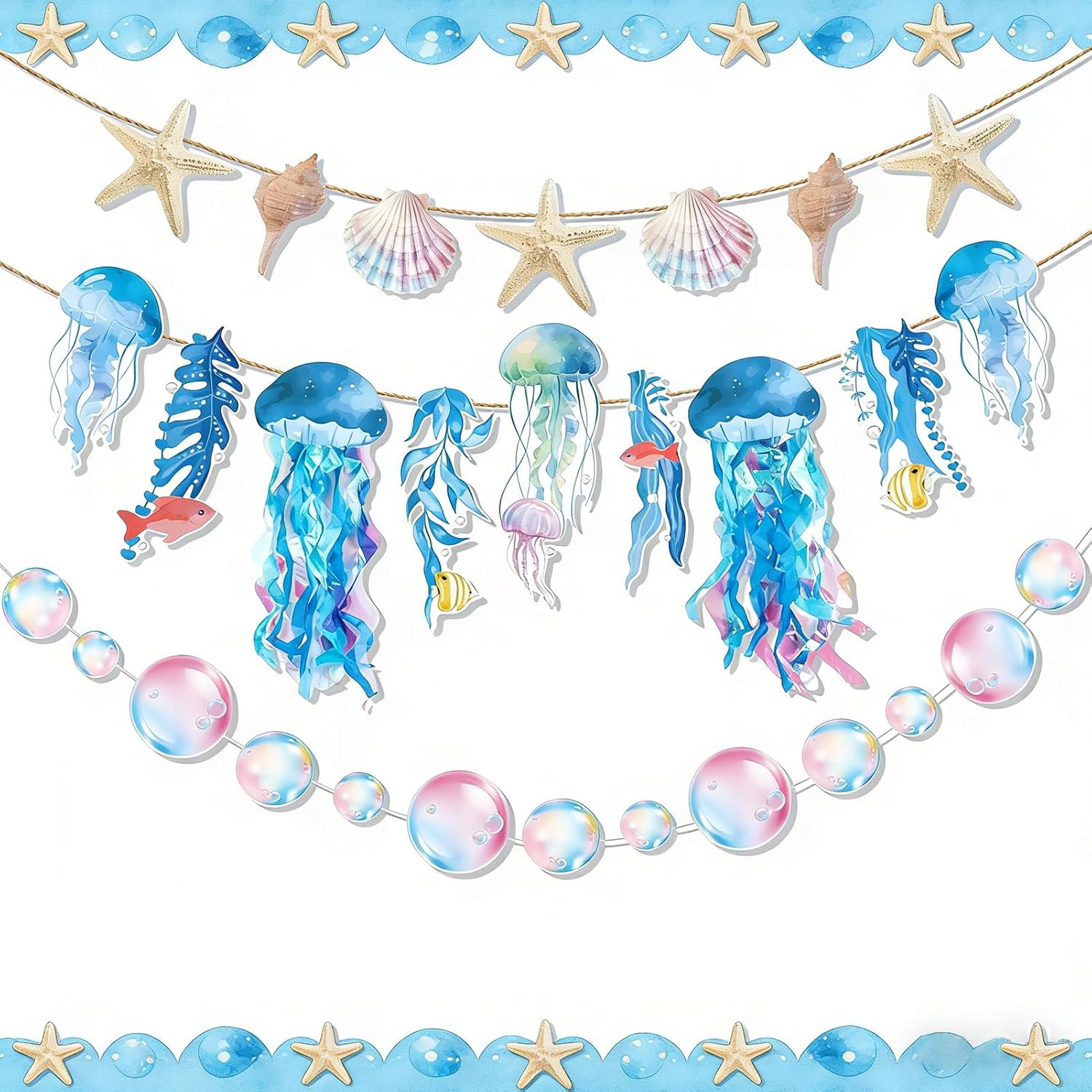 SUNBEAUTY Quallen-Girlanden-Set mit Seesternen, Muscheln und Blasen (3 Stück) für Unterwasser-Party-Deko