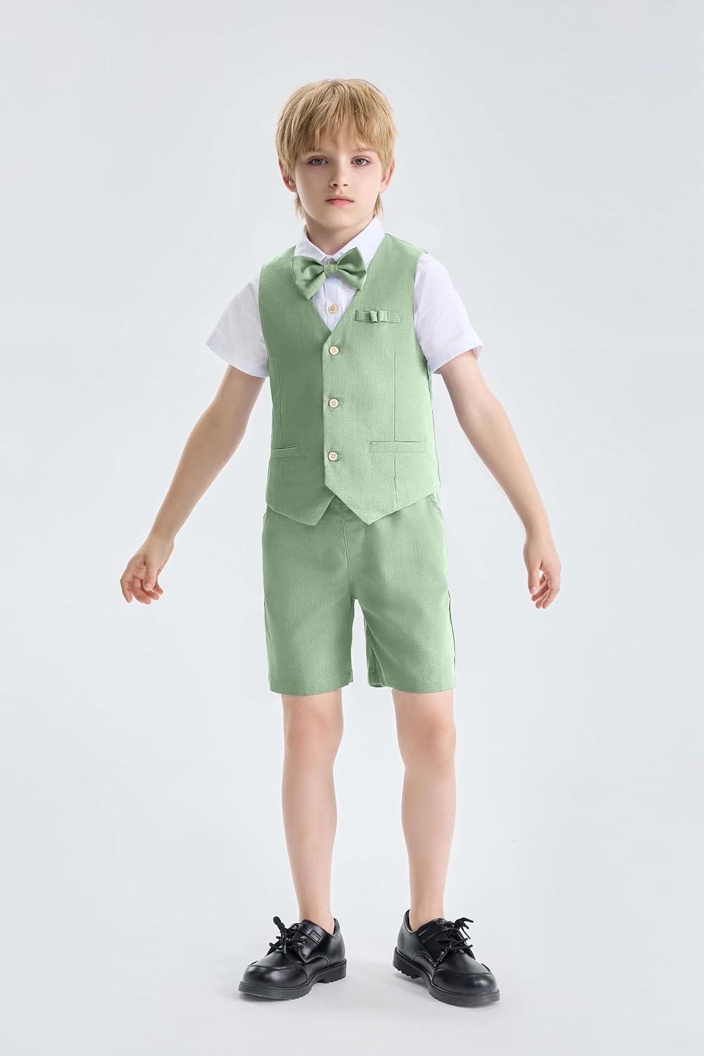 Detalle de Set cerimonia bambino LOLANTA 4 pezzi in lino (gilet, pantaloncini, camicia e papillon)