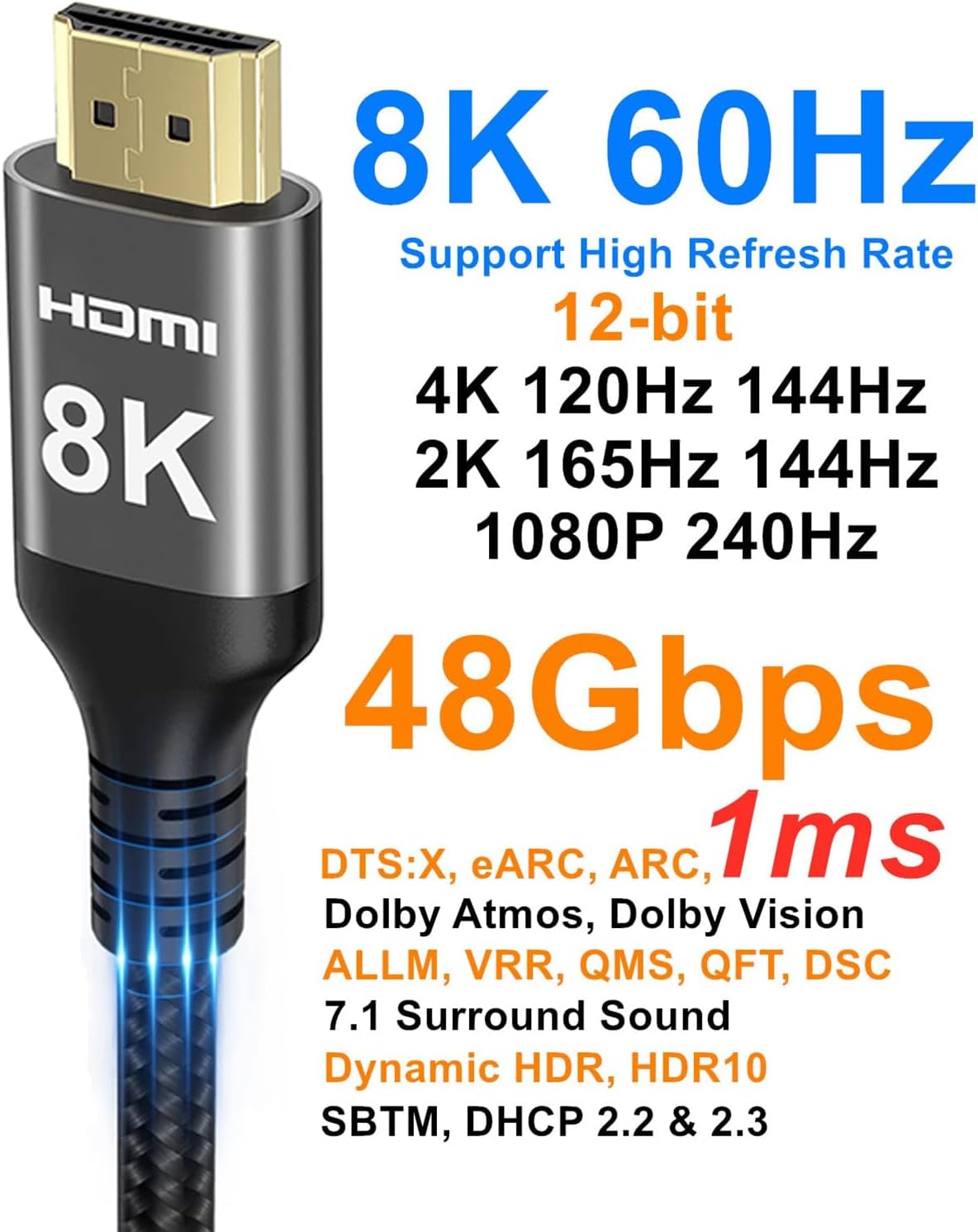 Detalle de Ubluker 8K HDMI Kabel 15m – Nylon-Geflochtenes High Speed Kabel mit 48 Gbps, 8K/60Hz bis 4K/120Hz, eARC/ARC, HDR10+
