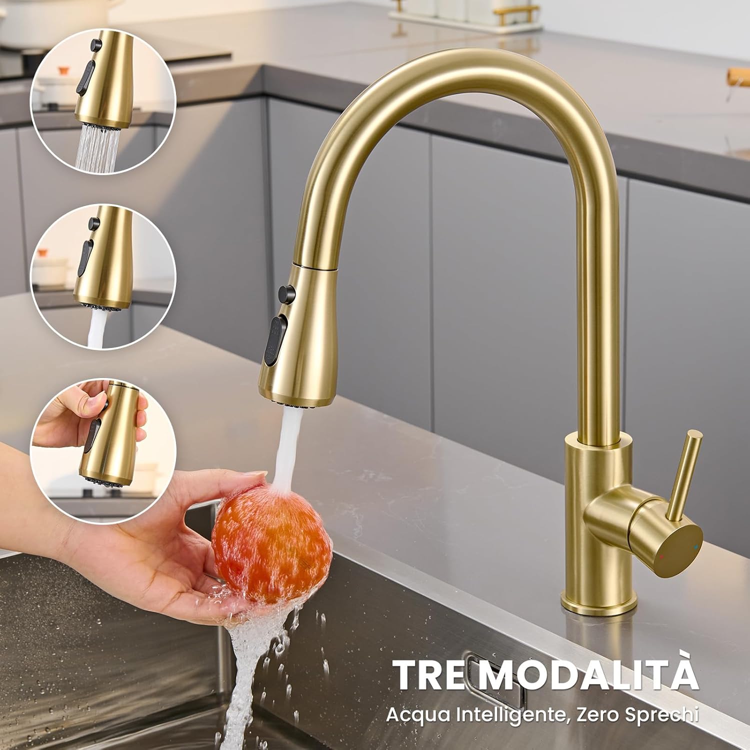 Thumbnail 1 de CECIPA Rubinetto cucina con doccetta estraibile e 2 modalità, finitura oro spazzolato