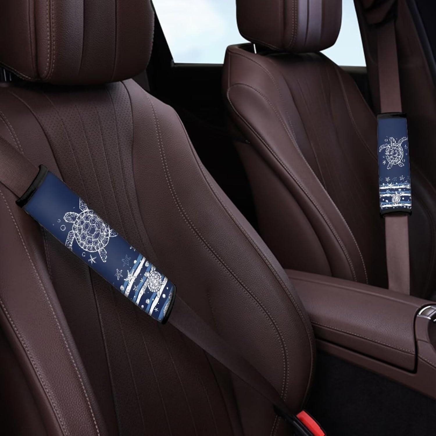 Detalle de Wanyint Sea Turtle Starfish Navy Blue Seat Belt Pads (2 Pack) – Comfortable Shoulder Coverage for Car Seats and Bags