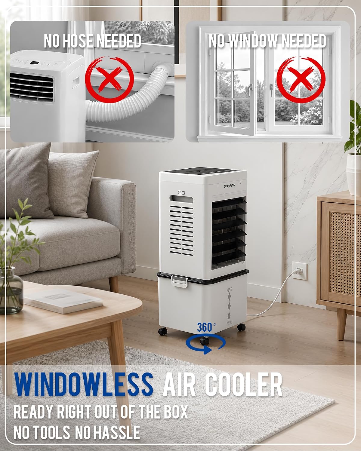 Thumbnail 2 de Frostyne Portable Evaporative Air Cooler with Humidifier (3Gal Tank, 10 Ice Packs, 6 Speeds, 4 Modes) – Black